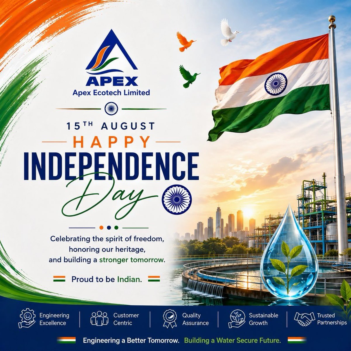 ApexEcotechltd's tweet photo. This Independence Day, Apex Ecotech Limited celebrates the spirit of freedom, innovation and responsibility.

From engineering excellence to sustainable water solutions, we remain committed to building a stronger, greener and more water-secure India. 💧🌱 #apexecotech #india https://t.co/LlounXNSwA