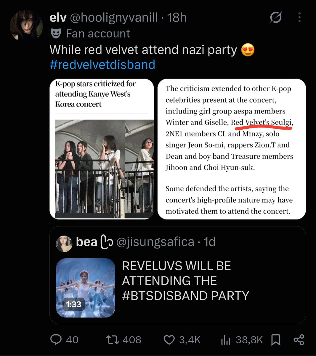 aboutveIvet's tweet photo. 🚨 Luvies, false and harmful information is being spread about Seulgi, including claims that she attended a concert she never attended. These claims are being circulated by accounts from a particular fandom and have contributed to malicious comments, including hateful remarks about Seulgi potentially damaging her reputation.

Additionally, another Pannchoa article is already encouraging further hate toward Seulgi by highlighting her comments about her weight, yet it also uses a photo of Wendy instead of Seulgi, further misrepresenting the situation and unnecessarily involving another artist. Please report this article and ask for it to be taken down. The article is quoted down below 🔽

‼️ Please do not engage with or amplify these accounts. Instead:

1. 📲 Screenshot the misinformation and malicious posts
2. 🔗 Copy the post URLs
3. 📝 Report them through KWANGYA 119 under False Facts / Fake News
4. 📎 Include the relevant screenshots, URLs, and details in your report

Please keep all reports factual and avoid fanwars or unnecessary engagement. Let’s work together to stop the spread of misinformation, report harmful content and protect Seulgi 💛