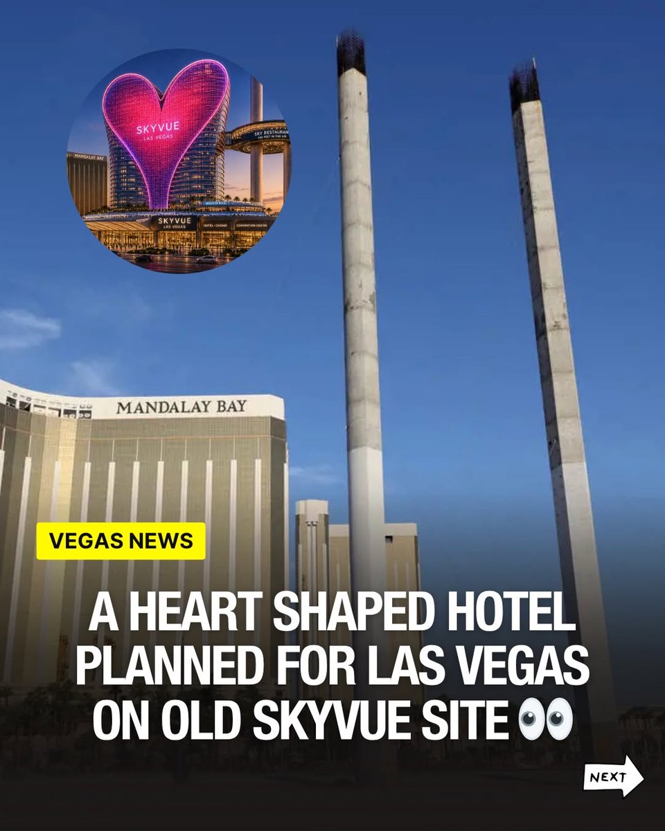 itsdaniel_leo's tweet photo. SKYVUE SITE SOLD FOR $70 MILLION!

The old SkyVue site across from Mandalay Bay has been sold for $70 Million to local developer Eli Applebaum with plans for a heart shaped hotel.

Plans include:

-  A 874-room hotel-casino resort
-  A heart-shaped t... https://t.co/5tM7NBIJo9