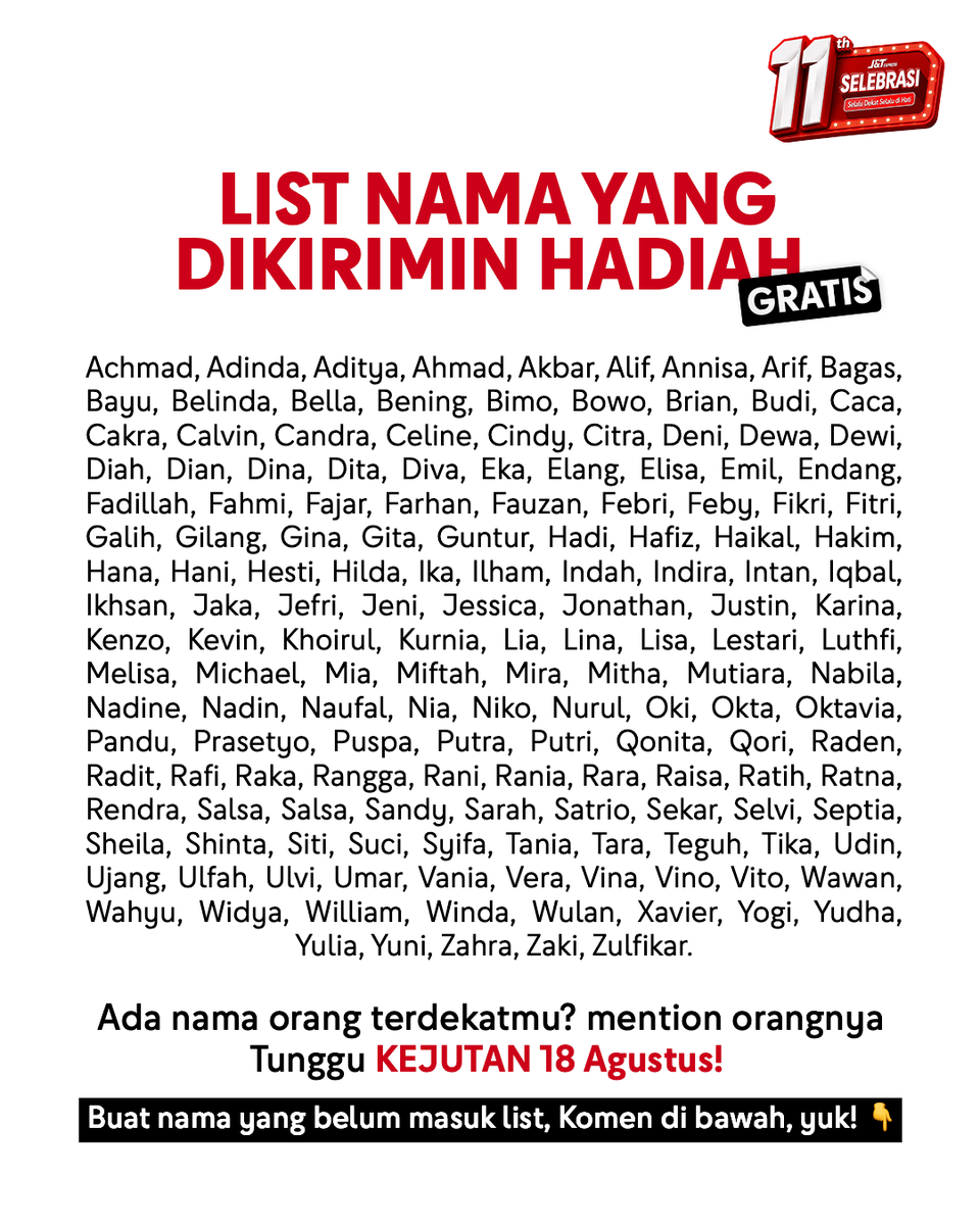 jntexpressid's tweet photo. ADA NAMA ORANG TERDEKATMU ATAU NAMAMU DISINI? 🫵

Coba komen di bawah yaa!

Tunggu 18 Agustus ini, buat kejutannyaaaa~ 🎁

#jntexpressid #jntdekatdihati #Selebrasi11TahunJNT https://t.co/OOgNPGET2l