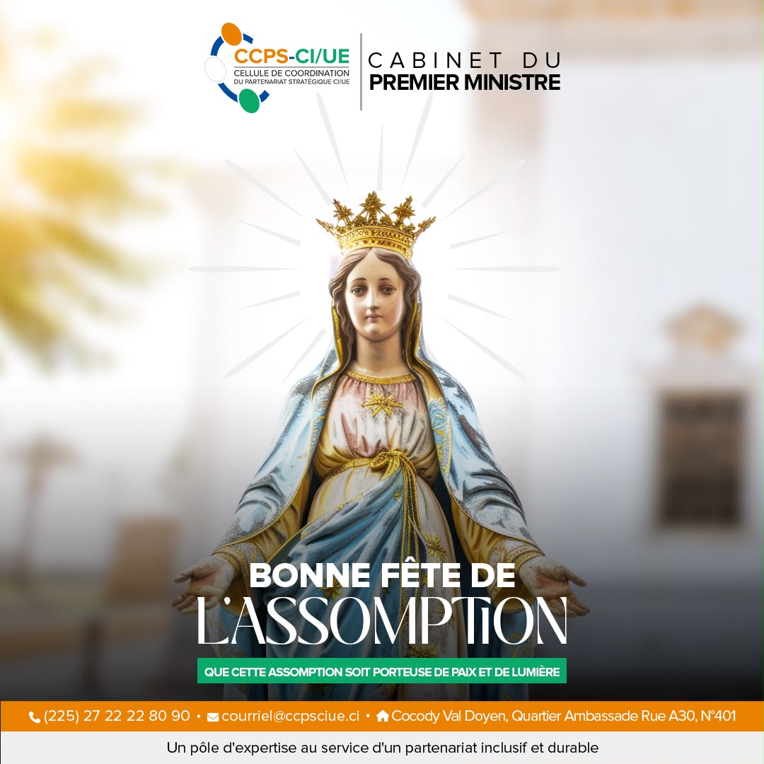 ccpsci_ue's tweet photo. La  Cellule de Coordination du Partenariat Stratégique Côte d’Ivoire – Union européenne (CCPS CI/UE) souhaite une bonne fête de l'Assomption à toute la communauté chrétienne catholique.🌿

#Assomption #CCPSCIUE #CôteDIvoire #UnionEuropéenne #Paix #Espérance #solidarité https://t.co/vkjwuKHzmx
