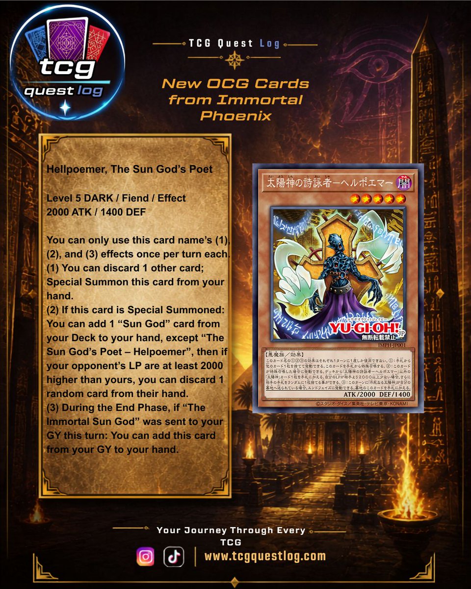 TCGQuestLog's tweet photo. Solid support for the "Sun God" archetype with searchers and  End Phase effect to get back your resources from the GY.

Will the Sun God impact the meta?

Follow TCG Questlog for more Yu-gi-Oh news, deckbuilding, product new and more for all TCGs.

https://t.co/0qel4bYCHc https://t.co/HS8Jt1owya