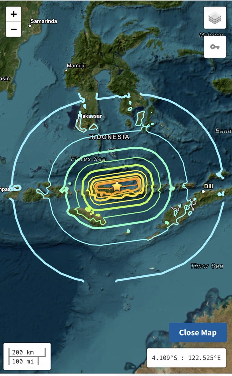 SeismoTracker's tweet photo. Updated Version : 

#Earthquake Breaking News 

A magnitude 7.7  has struck 68 km /42.2 miles NNW of Ende, #Indonesia 
Magnitude: 7.7 
Epicenter Location: 8.310°S 121.352°E
Time: 2026-08-14 21:58:21 UTC
Depth: 10.0 km ( 6.2 mi) 
Intensity: IX 
Estimated Fatalities: Orange 44% 
Estimated Economic Losses: Orange 43% 
Tsunami is expected from this Magnitude 7.7 earthquake 
Tsunami Threat: Indonesia

Aftershocks 
Magnitude 7+: 11% 
Magnitude 6+: 63% 
Magnitude 5+: >99% 
Magnitude 4+: >99%
Magnitude 3+: >99%