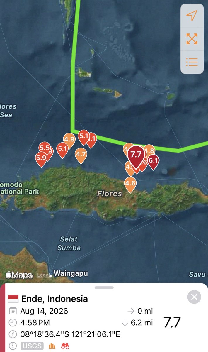 SeismoTracker's tweet photo. Updated Version : 

#Earthquake Breaking News 

A magnitude 7.7  has struck 68 km /42.2 miles NNW of Ende, #Indonesia 
Magnitude: 7.7 
Epicenter Location: 8.310°S 121.352°E
Time: 2026-08-14 21:58:21 UTC
Depth: 10.0 km ( 6.2 mi) 
Intensity: IX 
Estimated Fatalities: Orange 44% 
Estimated Economic Losses: Orange 43% 
Tsunami is expected from this Magnitude 7.7 earthquake 
Tsunami Threat: Indonesia

Aftershocks 
Magnitude 7+: 11% 
Magnitude 6+: 63% 
Magnitude 5+: >99% 
Magnitude 4+: >99%
Magnitude 3+: >99%