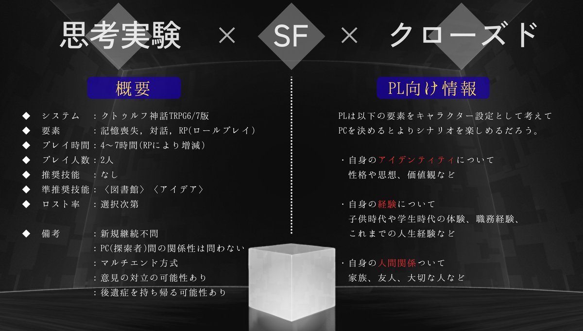 esuaru_dd's tweet photo. ───自己と忘却のクオリア

クトゥルフ神話TRPG 6/7版

【メアリーの匣庭】

思考実験×SF×クローズド

記憶を失った探索者2人が"自分"を取り戻すために共同生活を行う2PLシナリオ

電子版の頒布を開始しました。
https://t.co/yuuNzuE5Vw

#CoCシナリオ
#TRPG https://t.co/KpSo08LDSG