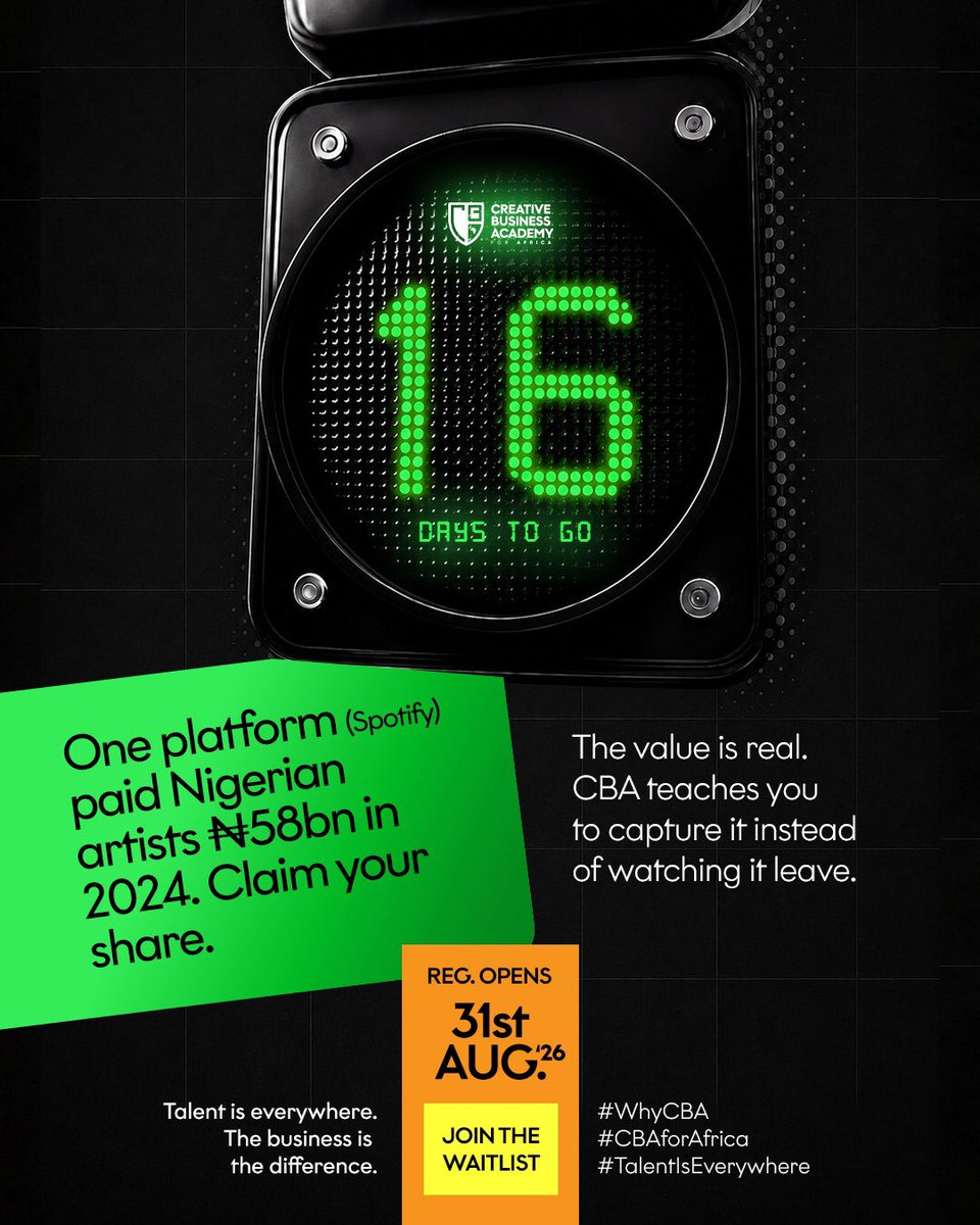 cbaforafrica's tweet photo. ₦58bn paid to Nigerian artists by one platform in 2024.
The value is real. Learn to capture it instead of watching it leave.
Registration starts 31 August, waitlist via: https://t.co/cgIrvPkSHt
#WhyCBA
#CBAforAfrica
#TalentIsEverywhere https://t.co/j2w5EB4X59