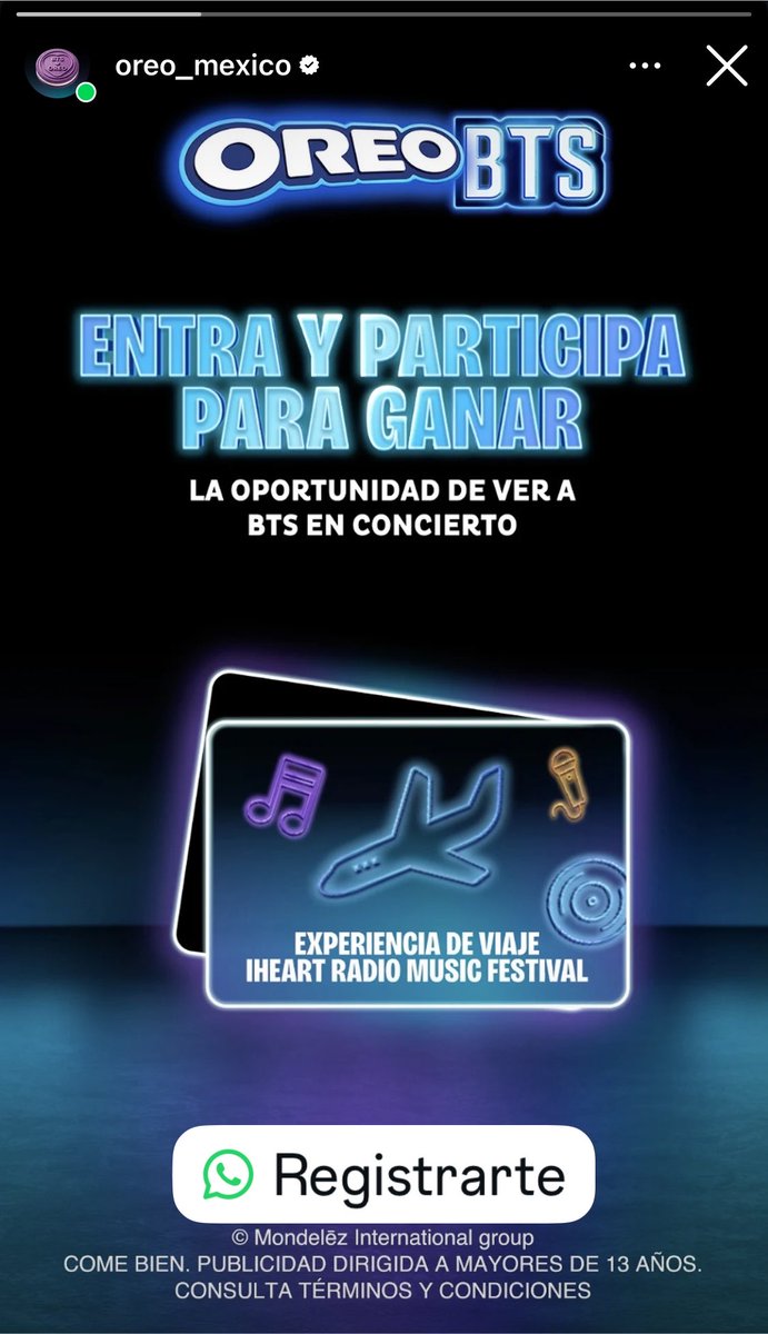 mxcharts's tweet photo. ARMY México, ya comienzan a aparecer anuncios para participar de la Experiencia OREO. Parte de la colaboración BTS X OREO🥛

Entra y participa para ganar la oportunidad de ver a #BTS en concierto ✨

Experiencia de viaje iHeart Music Festival

Regístrate:  https://t.co/eGoURFZzLU

#BTSOREO #BTSXOREO #BTSOREOMX