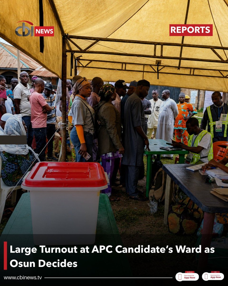 cbinewstv's tweet photo. A large number of voters have turned out at Ward 09, Unit 011 in Ikire, where APC governorship candidate Bola Oyebamiji is expected to cast his ballot in the Osun governorship election.

Voters described the process as peaceful and orderly, with elderly voters given priority while others queued to exercise their franchise. 

#CBINewsTV #OsunDecides2026 #OsunElection #NigeriaPolitics #Election2026
