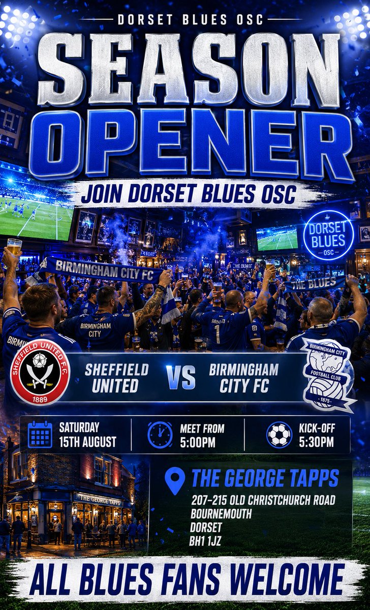 DorsetBluesOSC's tweet photo. 🚨JOIN US TONIGHT FOR THE SEASON OPENER🚨

We will be at The George Tapps in Bournemouth to watch the opening game of the season 

#BCFC #BCFCOSC https://t.co/lc3qs2NtmI
