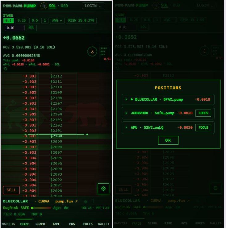 PimPamPumpFun's tweet photo. 📢BREAKING CHANGES on PimPamPump

multiple positions, live, at once. open a trade, switch markets, open another, your SL/TP/TRL keep watching every position in the background. new POSITIONS tab shows them all: qty, avg, mark, P&L, armed status.

ladder now shows price OR market cap, your call. toggle it in SETTINGS → Trade → VIEW next to SOL/USD.

execution settings (priority fee, Jito tip) are now per market, not global. set them from the TOOLS button, each position keeps its own.

Sell got faster: one button, type the exact amount (or hit a % preset), then Limit to place it where you want or Market to fill now.

plus a handful of smaller fixes and polish across the board.

unbeatable tek 

solana:CyFyTxkTxA5hDLo7o4hkdtEJLQBbiekruRMf8pvSpump 

trade it here: https://t.co/KXP05xNup5