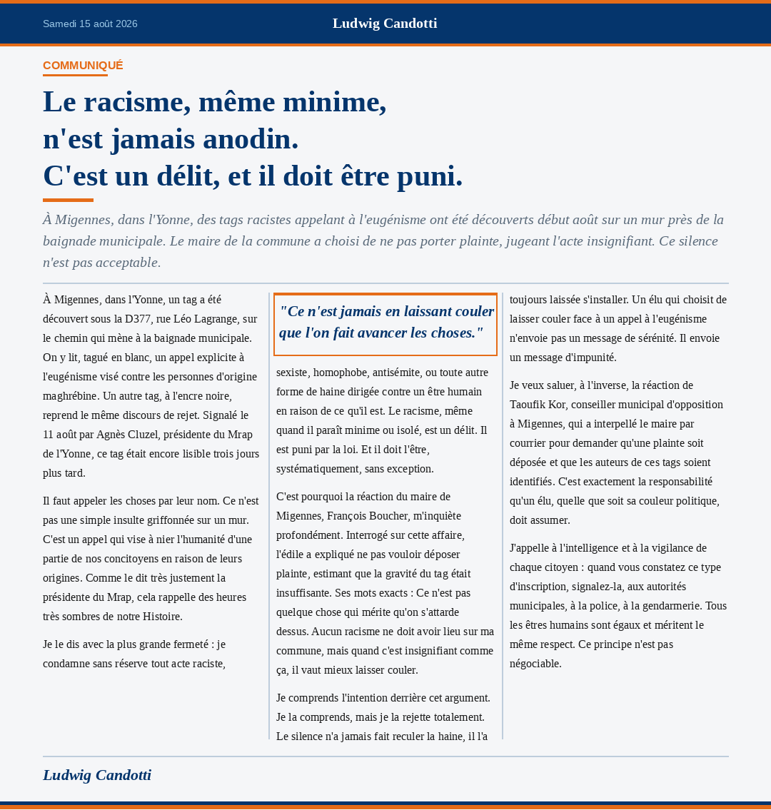 CandottiLudwig's tweet photo. Le racisme, même "minime", est un délit puni par la loi. Je condamne sans réserve tout acte raciste, sexiste, homophobe, antisémite. Signalez. Portez plainte. Tous les êtres humains sont égaux et méritent le même respect. [5/5]

#France #Société #Actualité https://t.co/mn54I0fgUf