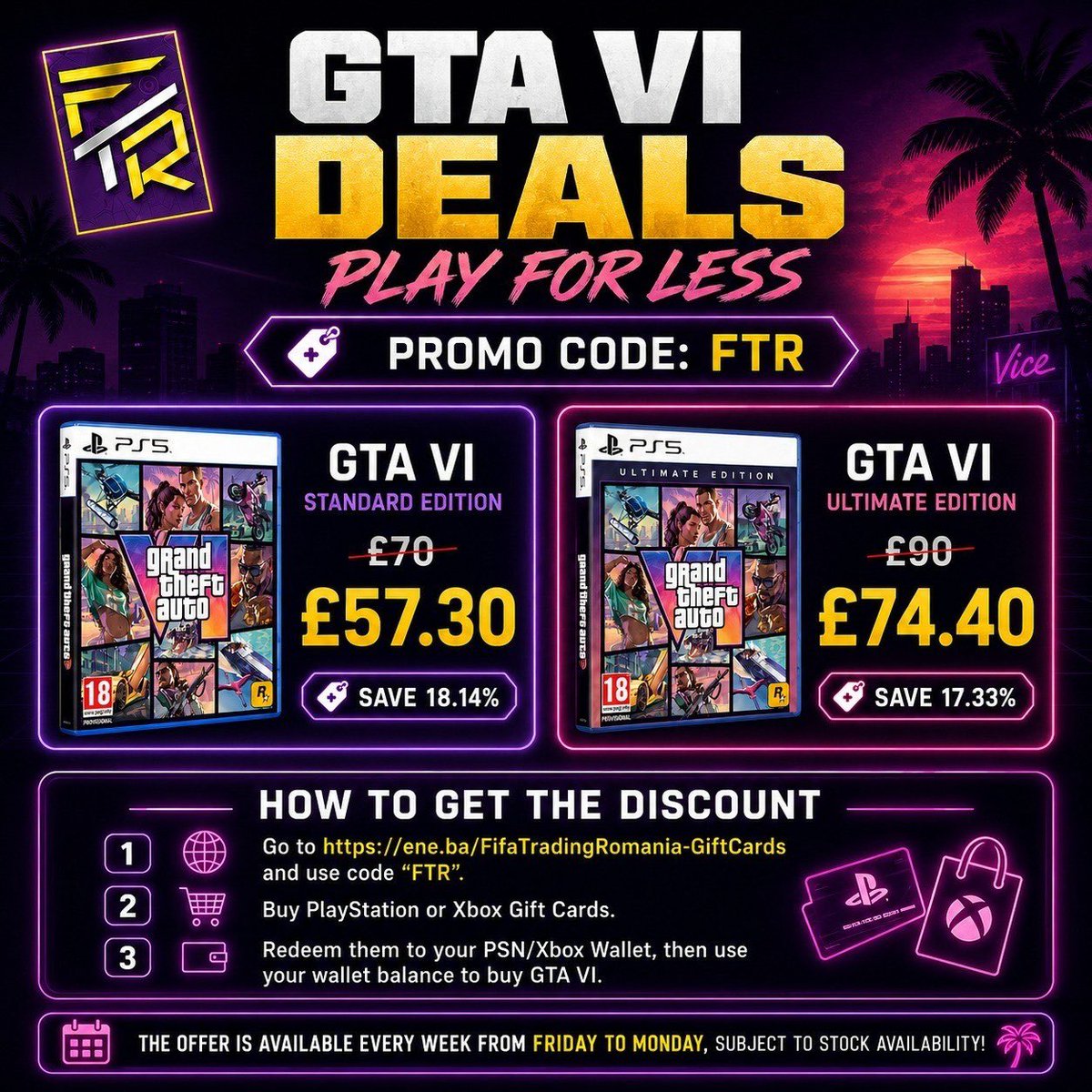 FTRGames_'s tweet photo. 🇬🇧 UK PEOPLE! Get FC27, GTA VI, FC Points, PS+ &amp; ANY GAME 15–25% CHEAPER! 🔥

1️⃣ Buy discounted PS/Xbox Gift Cards:
https://t.co/L5aIRjgSuL
2️⃣ Use code 📔FTR📔
3️⃣ Redeem &amp; buy! 🎮💸

💬 Discord: https://t.co/K2Qr5JB84s https://t.co/DORz863Kwb