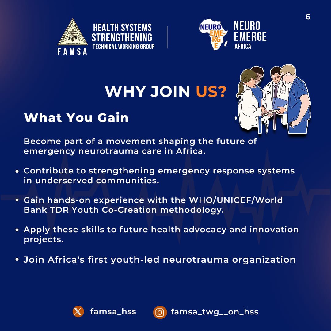 famsa_hss's tweet photo. Young people shouldn’t just be consulted—we should design the solutions. 💡
Introducing NEURO-EMERGE AFRICA: strengthening emergency neurotrauma response across Africa through youth co-creation and global partnerships.
#famsa #NeuroEmergeAfrica #healthsystemstrenghtening https://t.co/LRGXc7FTOq