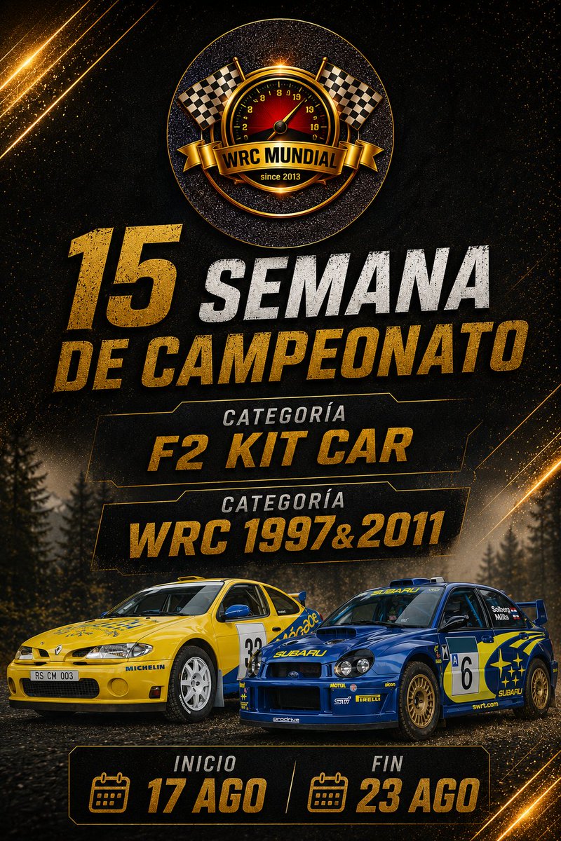 WrcMundial's tweet photo. 🏁🔥 ¡Pasado mañana vuelve la acción! 🔥

Arranca la 15ª Semana del Campeonatoy 2 rallies nuevos por concretar según el sorteo:

🚗 F2 Kit Car
🏆 WRC 1997 &amp; 2011

📅 Del lunes 17 de agosto al domingo 23 de agosto

🌐 Toda la información en nuestra web 👇

https://t.co/6igoynuNcp https://t.co/00qCfZ2ZFN