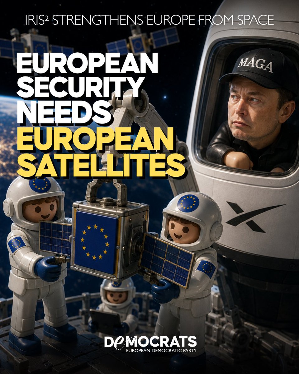 democrats_eu's tweet photo. 🇪🇺 🛰️ On 7 August, the European Commission and SpaceRISE moved #IRIS² into full-scale deployment: 348 #satellites, including 66 additional ones to strengthen defence, security and emergency communications, built by European industry. The constellation will reduce Europe’s dependence on non-EU systems, including #Starlink. This is the right direction: European security deserves sovereign infrastructure under European control, immune to the whims of any billionaire across the Atlantic.