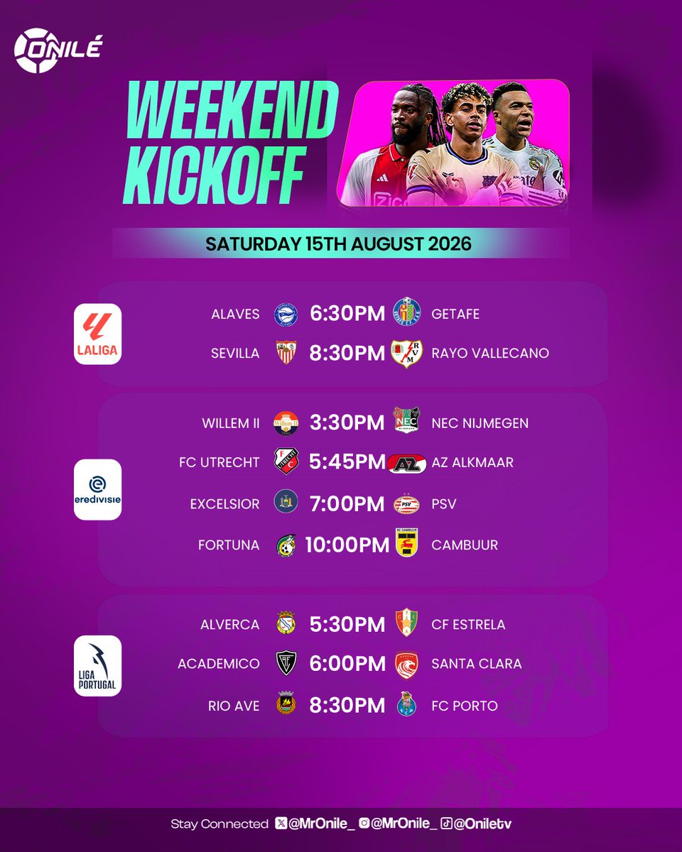 MrOnile_'s tweet photo. ONILÉ WEEKEND KICKOFF RETURNS 💪 ⚽️
LaLiga new season begins today 👏
Portuguese League & the Eredivisie week 2 action continues this weekend ⌛️
The fun weekends are coming back alive 🔥
#Onile #WeekendKickoff https://t.co/J1VpJqIPoS