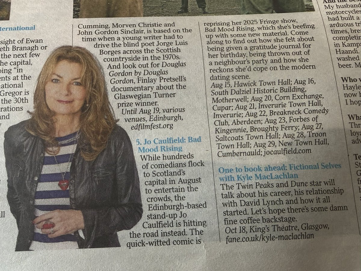 Jo_Caulfield's tweet photo. The Times: 5 things to do this week
SATURDAY — HAWICK TOWN HALL
SUNDAY — MOTHERWELL 
Box Office ⬇️
https://t.co/5h0w2qNt8c https://t.co/0Xfaz5TR7o