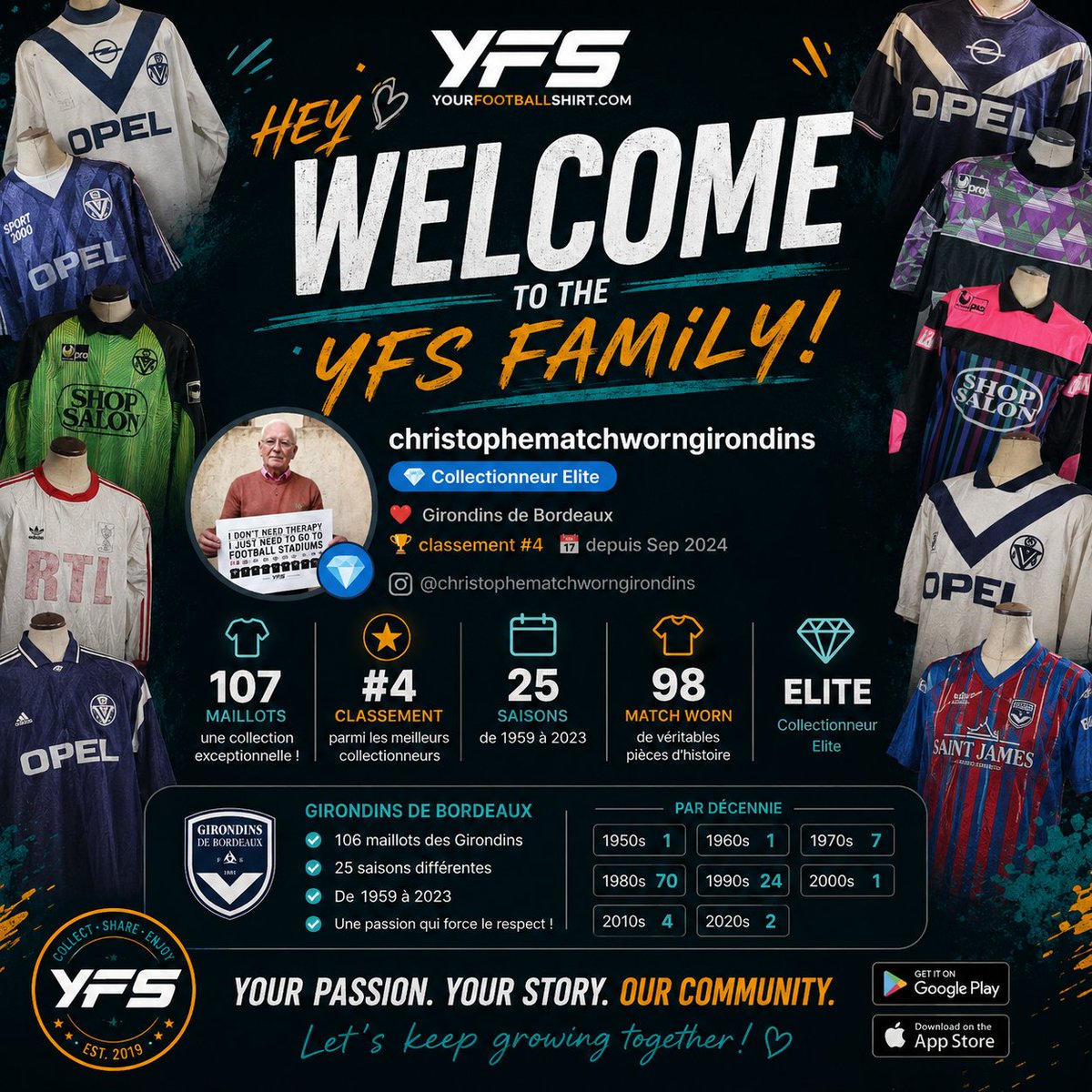 YfsMarketplace's tweet photo. 💎 Welcome to the YFS family,
Christophematchworng !
Now THIS is collecting. 🔥
👕 107 kits
🔵⚪ 106 Girondins de Bordeaux
🔥 98 Match Worn
📅 25 seasons — 1959→2023
🏆 #4 YFS Collector
Football history, one shirt at a time. 💙🤍
#YFS #FCGB #MatchWorn https://t.co/uCxYXk7l1e