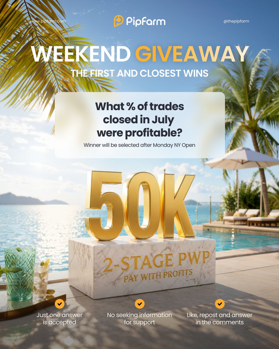 thepipfarm's tweet photo. ☀️ WEEKEND GIVEAWAY ☀️

💡Summer is traditionally less volatile due to the mass effect of vacation season.

❓ What % of trades closed in July were profitable?

🎁 50K 2-Stage PWP Challenge.

To enter:
👇 Comment one answer only
❤️ Like
🤝 Follow
🔁 Repost

Entries close at the New York open on Monday.