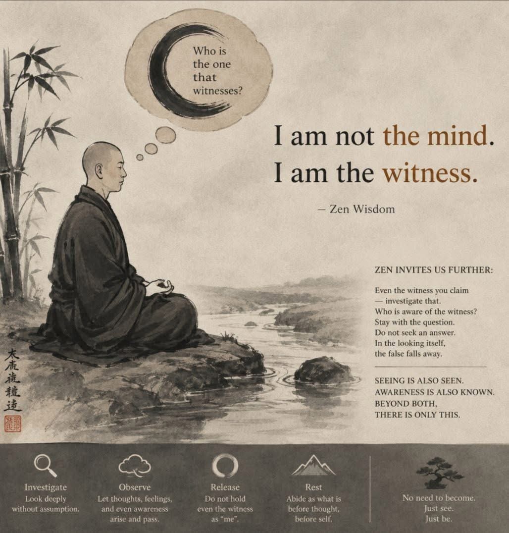 maximumpain333's tweet photo. WHO IS THE ONE THAT WITNESSES? 

I am not the mind.

I am the witness.

ZEN INVITES US FURTHER:

Even the witness you claim, investigate that.

Who is aware of the witness?

Stay with the question.

Do not seek an answer.

In the looking itself,

the false falls away.

SEEING IS ALSO SEEN.

AWARENESS IS ALSO KNOWN.

BEYOND BOTH,
THERE IS ONLY THIS.

Look deeply
without assumption.

Observe

Let thoughts, feelings,
and even awareness
arise and pass.

Release

Do not hold
even the witness
as “me”.

Rest

Abide as what is
before thought,
before self.

No need to become.

Just see.

Just be.