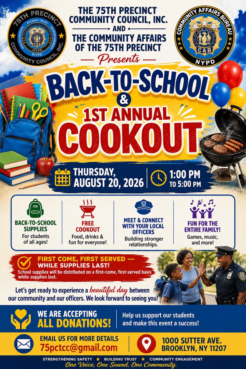 NYPD75Pct's tweet photo. Let us help you get ready for the new school year! 🎒📚School supplies will be available for students of all ages! Come by, say hello, and get ready for a great school year. 👮‍♂️👮‍♀️ https://t.co/gsNfyiuDxc