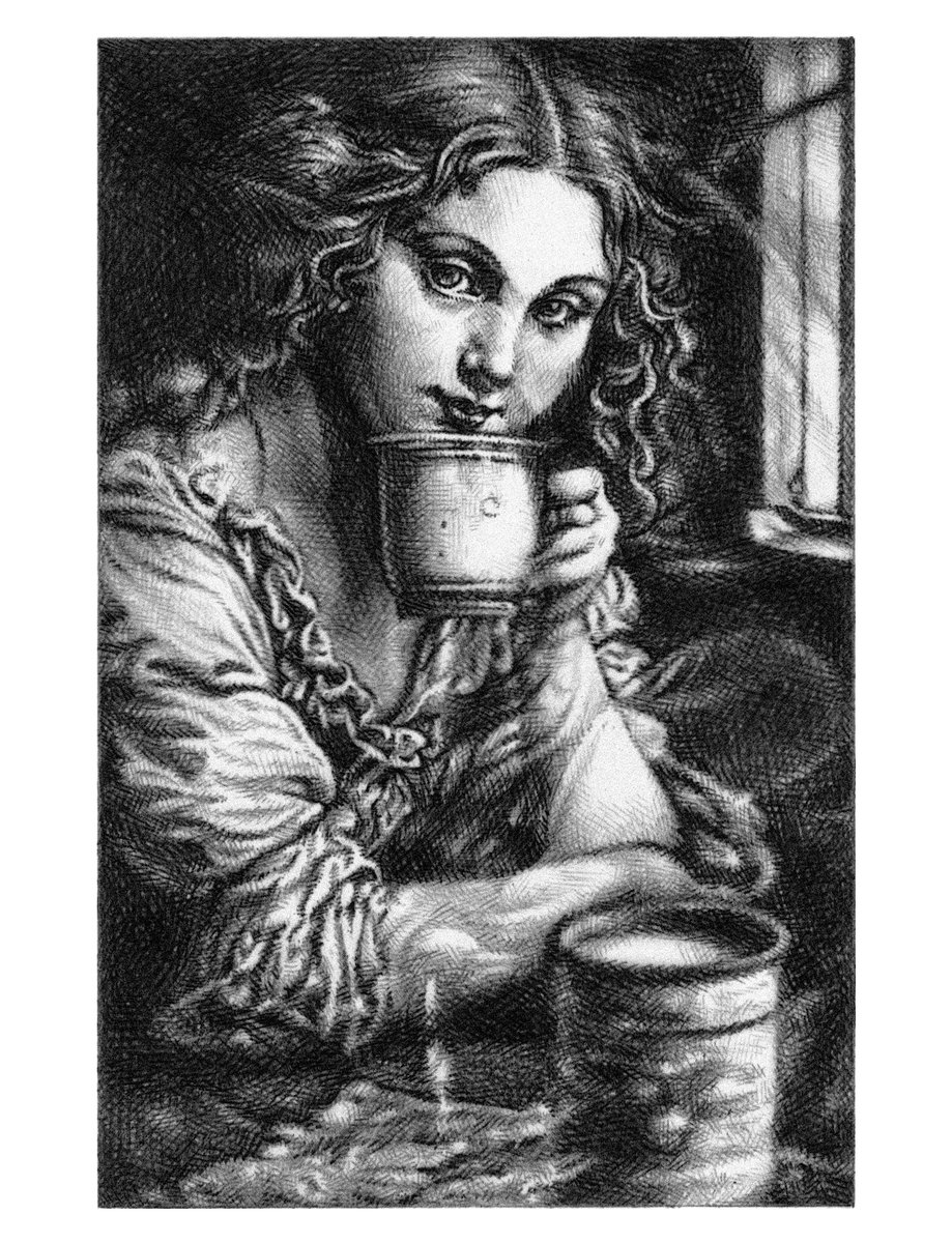 完成。 鉛筆画 「 ココアを飲む娘 」 Pencil on paper, “ Hot