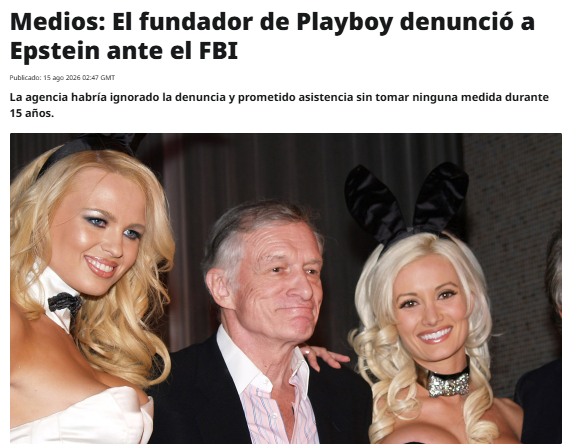 ActualidadRT's tweet photo. ❗️Hugh Hefner, el fundador de la revista Playboy, informó en 2005 al FBI que una de sus modelos había sido VÍCTIMA DE ABUSO SEXUAL y trata por parte del financista Jeffrey Epstein y personas de su entorno https://t.co/ESkI7HiznS