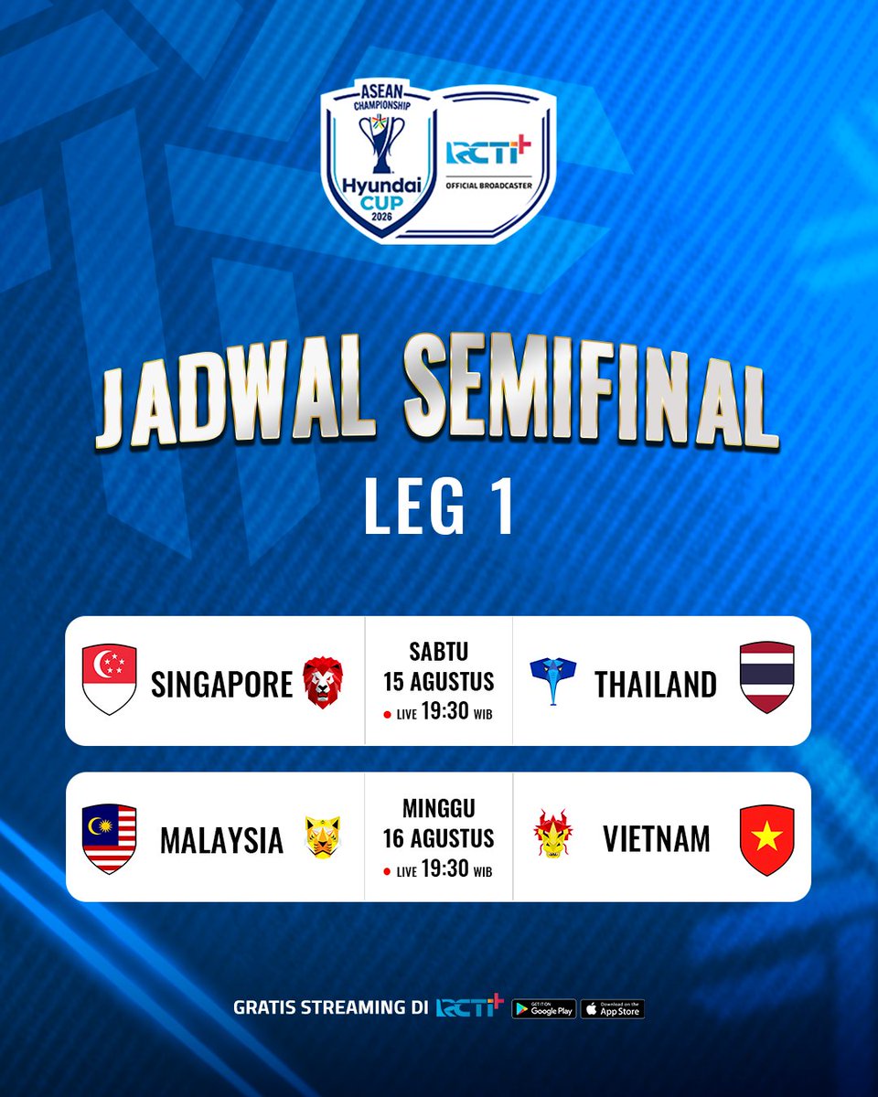 OfficialRCTI's tweet photo. Jadwal Semifinal Leg 1 ASEAN Championship Hyundai Cup 2026!

Empat tim terbaik siap bertarung memperebutkan tiket ke final. Siapa yang akan mengamankan keunggulan di leg pertama?

Singapore 🆚 Thailand
📅 Sabtu, 15 Agustus
🕢 Live 19.30 WIB
🔗 Tonton di sini: https://t.co/RGqTTNJNOX

Malaysia 🆚 Vietnam
📅 Minggu, 16 Agustus
🕢 Live 19.30 WIB
🔗 Tonton di sini: https://t.co/bDvcuBTg7X

Streaming GRATIS di RCTI+

#RCTIPlusSports #HyundaiCup2026 #ASEANHyundaiCup #ASEANChampionship #ASEANUtdFC