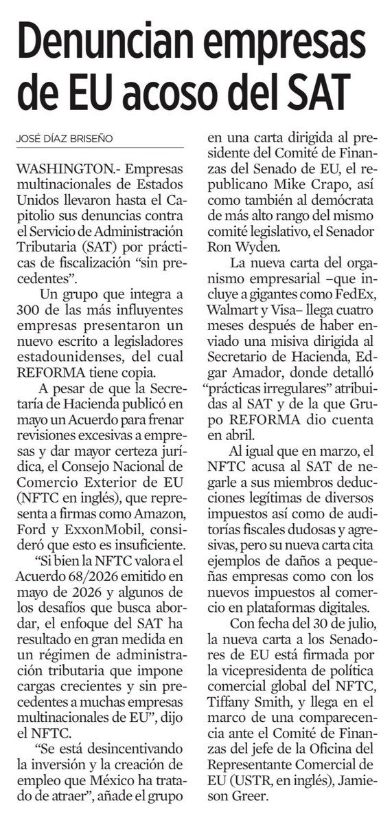 JoseMarioMX's tweet photo. Lo del SAT ya dejó de ser un pleito entre empresas y autoridad fiscal. Las quejas de compañías de EU llegaron al Senado justo cuando se revisa el T-MEC. Ese salto importa: un problema tributario interno empieza a convertirse en un problema de confianza, inversión y Estado de Derecho.

Nadie pide un SAT débil ni privilegios para las multinacionales. Que paguen lo que deben. Pero otra cosa es cambiar criterios, desconocer deducciones años después o hacer tan costosa la defensa que resulte más barato negociar que litigar. Ahí la fiscalización deja de ser certeza y empieza a convertirse en riesgo.

México puede recaudar más; lo que no puede permitirse es que invertir aquí signifique no saber qué reglas terminarán aplicándote mañana. El capital soporta impuestos altos. Lo que castiga es la arbitrariedad. Y cuando esa percepción llega a Washington en plena revisión del T-MEC, el problema ya es mucho más grande que el SAT.