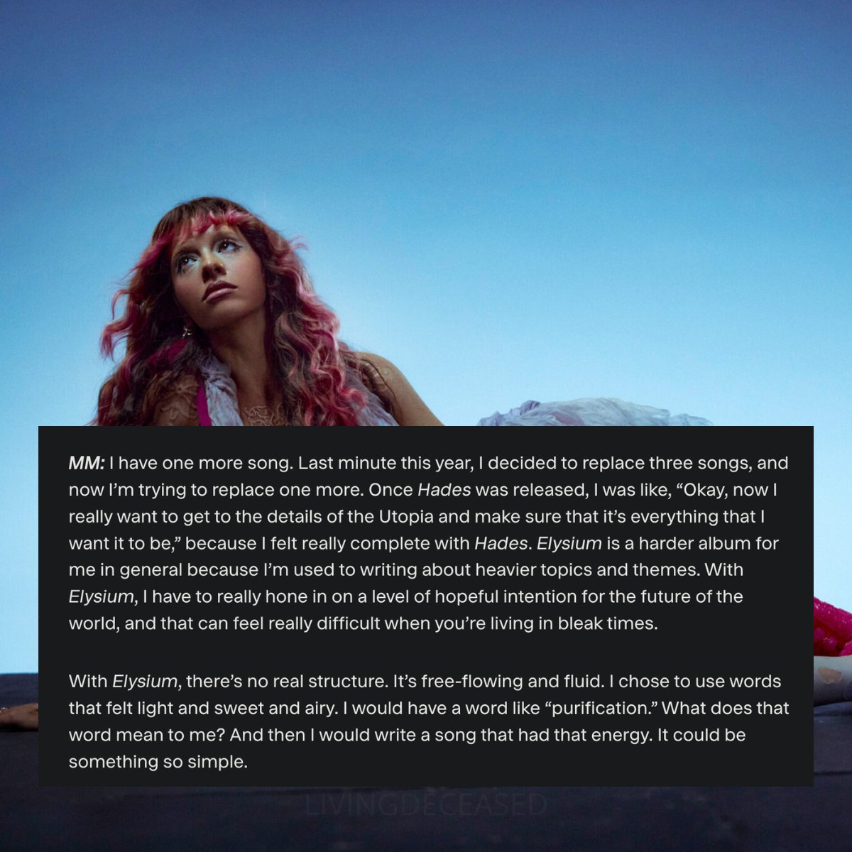 LlVlNGDECEASED's tweet photo. Melanie Martinez talks about Elysium in a new interview with V Magazine - "I have one more song. Last minute this year, I decided to replace three songs, and now I’m trying to replace one more." https://t.co/GB5BAYZxH7