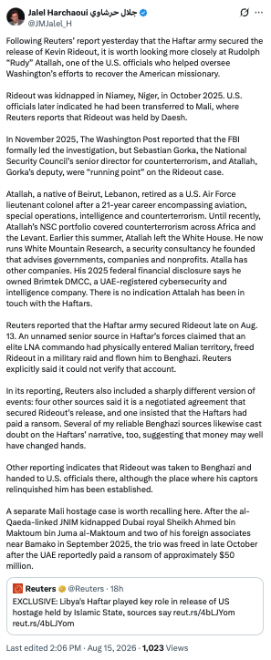 avarakai's tweet photo. So, #Libya's #Haftar didn't exactly help release the USoA national through his contacts in #ISIS (read #Turkey) But, got released by paying a ransom.
Reuters version is different from what is being heard from others.
Read full story here. https://t.co/8NsRg1pFHt