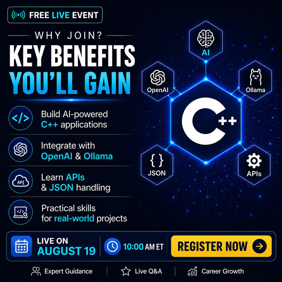 timbuchalka's tweet photo. 🚀 Why join our FREE Live Event?
 
✅ Build AI-powered C++ applications
✅ Integrate OpenAI &amp; Ollama
✅ Learn APIs &amp; JSON
✅ Practical real-world skills
 
📅 August 19
 
👉 Register: https://t.co/67X8ZI0WD7
 
#CPP #AI #OpenAI #Programming #LiveEvent https://t.co/xPCk0BKJRb