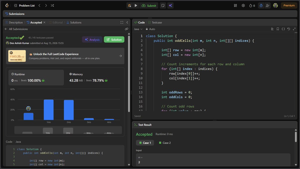 Deo__Ashish's tweet photo. Day 6/100 — #100DaysOfLeetCode 🚀

Solved 2 matrix problems today:

• Cells with Odd Values in a Matrix
• Matrix Diagonal Sum

Also revised matrix traversal and optimized my approach.

6 days down. 94 to go. 💪

#LeetCode #DSA #Java #Coding #100DaysOfCode https://t.co/Mf5UaOiAbO
