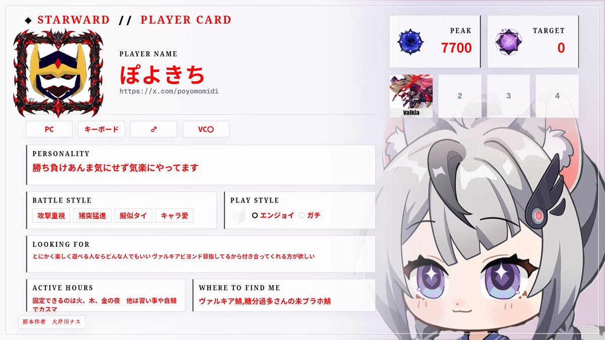 poyomomidi's tweet photo. #星の翼
#星の翼自己紹介カード
@dainasu330 様作成
1年半くらいからダラダラやってる者です
気軽に絡みに来てくださいていうか来い！
一応ヴァルキア鯖創設した人だったりします気になる方はプロフィール見てください！ https://t.co/dTNy30tDAH