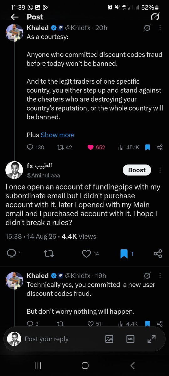 Aminullaaa's tweet photo. Good Morning @avikkfp , I shared in your DM ( cheater ),  the proof of subordinate email that I once use to registered with fundingpips before I used my Main email to reg. @Khldfx said we should send a proof and get clean up. Thank you so much. 
In your DM @avikkfp https://t.co/QytAUXC6eX