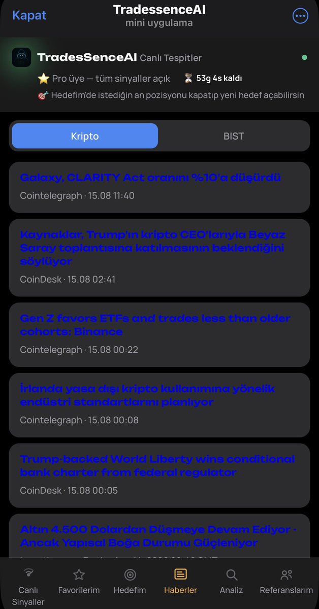 barlocrt's tweet photo. TradesSence mobil uygulaması artık hazır, alttaki linkten TradesSence Telegram mini mobil uygulamasına gir

https://t.co/Fc88Zm65Dn

Botu başlat, Kripto, bist30 - bist100 ve Forex’teki canlı analizleri ve sinyalleri benzer durumlardaki geçmiş başarı oranıyla giriş stop hedef bilgileriyle ve grafiğiyle gör! 

Hedefim kısmı ile bakiyenize ve hedef bakiyenize özel AI hesaplamasıyla en iyi bakiye duyarlı analiz ve buna odaklı işlem tespit hedef sistemi.  

Borsa İstanbul’a , kriptoya yada forex’e özel anlık haber takibi ve bildirimi. 

Ve daha birçok özellik..