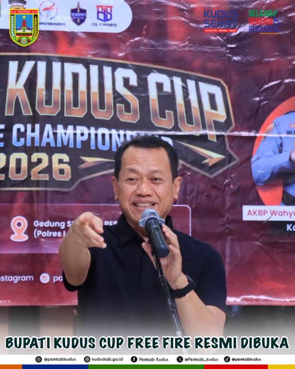 kuduspemkab's tweet photo. Bupati Kudus Sam’ani Intakoris membuka Bupati Kudus Cup Free Fire 2026 di Gedung Sentra Pelayanan Kepolisian Terpadu (SPKT), Kecamatan Kota Kudus, Sabtu (15/8/2026), yang diikuti 64 tim dengan total 340 peserta. https://t.co/aRiR5prnQn