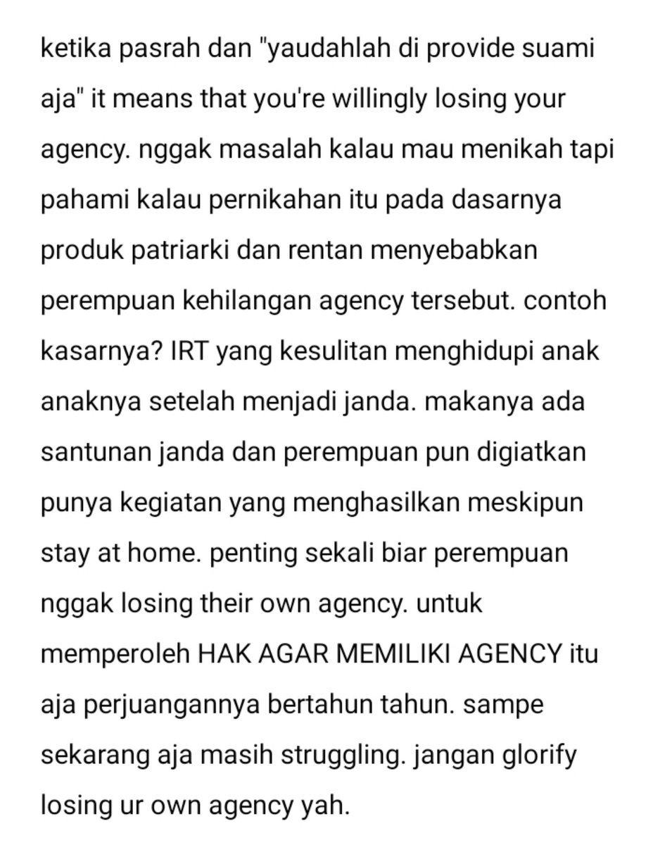 wonyucil's tweet photo. @shafiratul betul kak, terprovide suami = tertindas. penjelasan sederhananya gini. yang dicari dengan kesetaraan hak antara perempuan dan laki-laki itu agency : perempuan BISA mencari uang sendiri, BISA punya rekening atas nama sendiri, BISA sekolah. https://t.co/TVlfOIpVOg