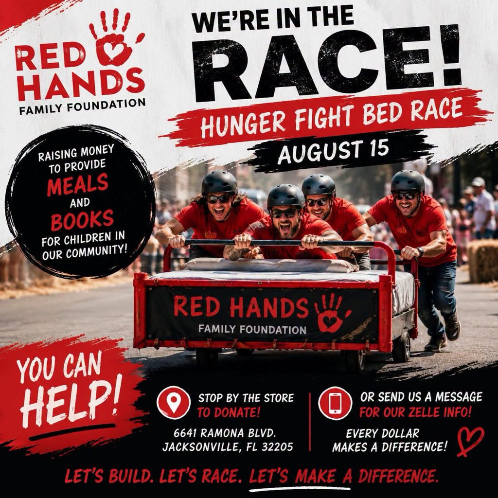 IsraelVinson3's tweet photo. 🏁 Today is the Hunger Fight Bed Race! Come on out, cheer us on, and watch us have some fun while raising money to provide meals and books for children in our community!

🛍️ Our Red Hands Family Foundation Thrift Store is also open all day, and Miss Marsha is there ready to welcome you!

🔴 Today is 50% OFF Red Dot Day! Spend $30 or more and get a chance to spin the prize wheel! 🎡

Come support a great cause, enjoy the race, and stop by the store for some great deals. We hope to see you today! ❤️