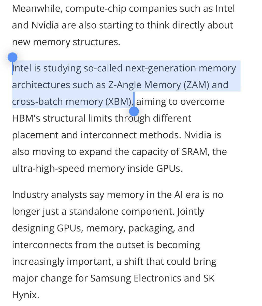 HyperTechInvest's tweet photo. $INTC Is Getting Back Into Memory

The company is developing HBM alternatives: ZAM and XBM

Intel is studying next-generation memory architectures such as Z-Angle Memory (ZAM) and Cross-Batch Memory (XBM)

ZAM changes how the memory stack is built. It uses thinner memory layers and denser vertical connections, which allow for more memory capacity, higher bandwidth, and lower power consumption in the same area

XBM changes how the memory connects to the GPU. Instead of HBM’s extremely wide interface and expensive interposer, it uses high-speed serial links such as UCIe