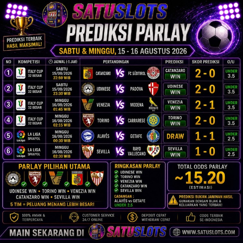 Prediksiparlya's tweet photo. 🔥 PREDIKSI PARLAY SATUSLOTS 🔥
📅 15 - 16 Agustus 2026

Siap cuan hari ini? Saatnya manfaatkan peluang terbaik bersama #SATUSLOTS! 💰⚽️

🚀 DAFTAR SEKARANG:
https://t.co/avLy8KT6qA

#SATUSLOTS #ParlayHariIni #SlotGacor #PrediksiBola #CuanHari https://t.co/C9MMVuJOVG