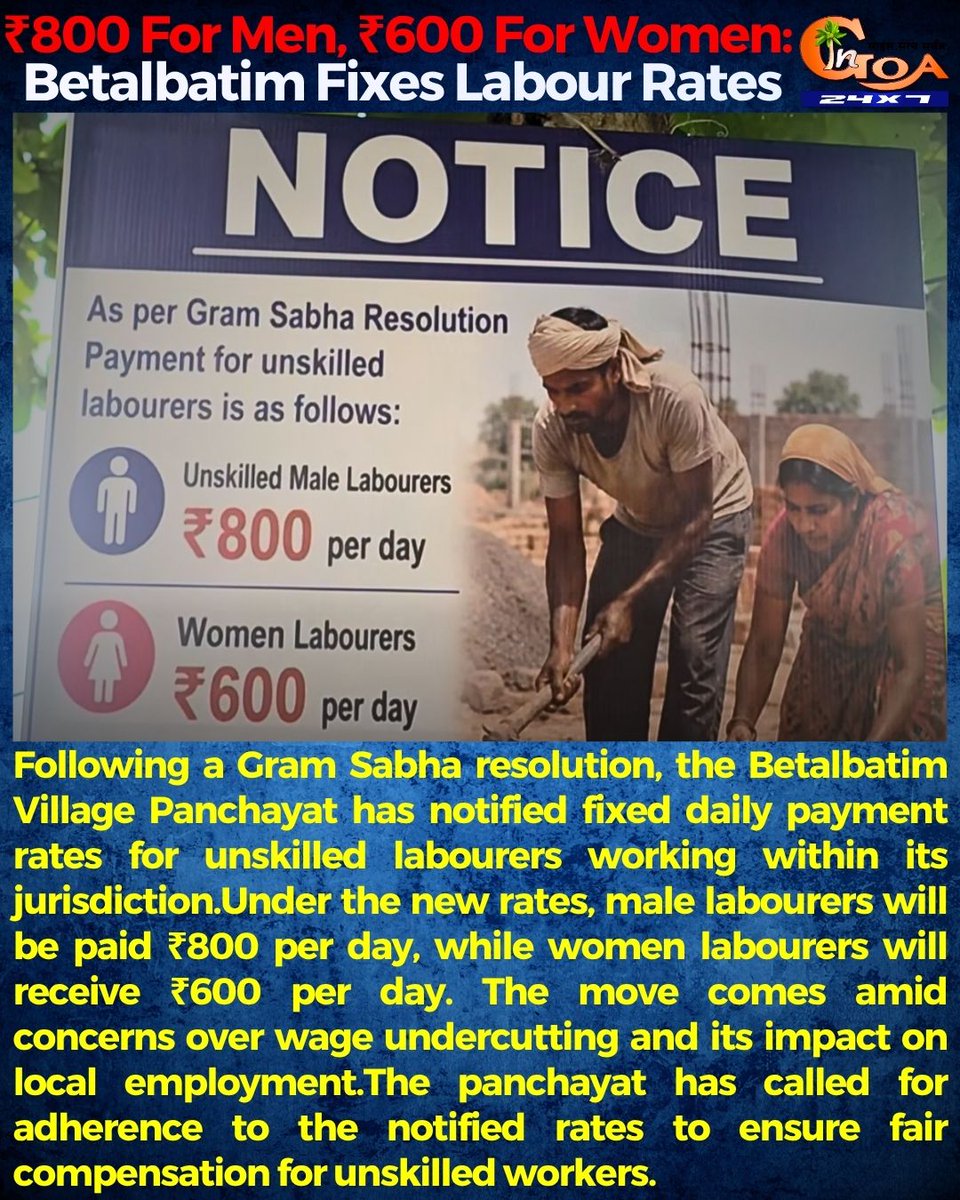 InGoa24x7's tweet photo. ₹800 For Men, ₹600 For Women: Betalbatim Fixes Labour Rates
#Goa #GoaNews #LabourRates #Wpmen #Men #Betalbatim https://t.co/5qfbI5yTrs