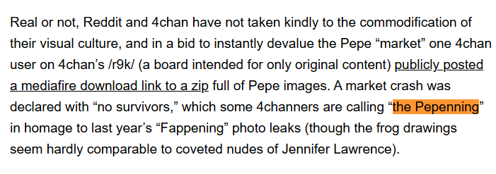 HarryFu_98's tweet photo. this is so good but i dont know how it got ZERO bids??

When 4chans pepe went viral they tried to kill it, resulting in a trend called 'The Pepenning' on 4chan.

The Pepenning was about killing off the idea of pepe and now that matt furie has been exposed it reminds me of the same as the trenches are doing right now with pepe.

Vice even wrote an article about it:
https://t.co/BNfZGifZih

Theres many other articles about it on wayback machine too: