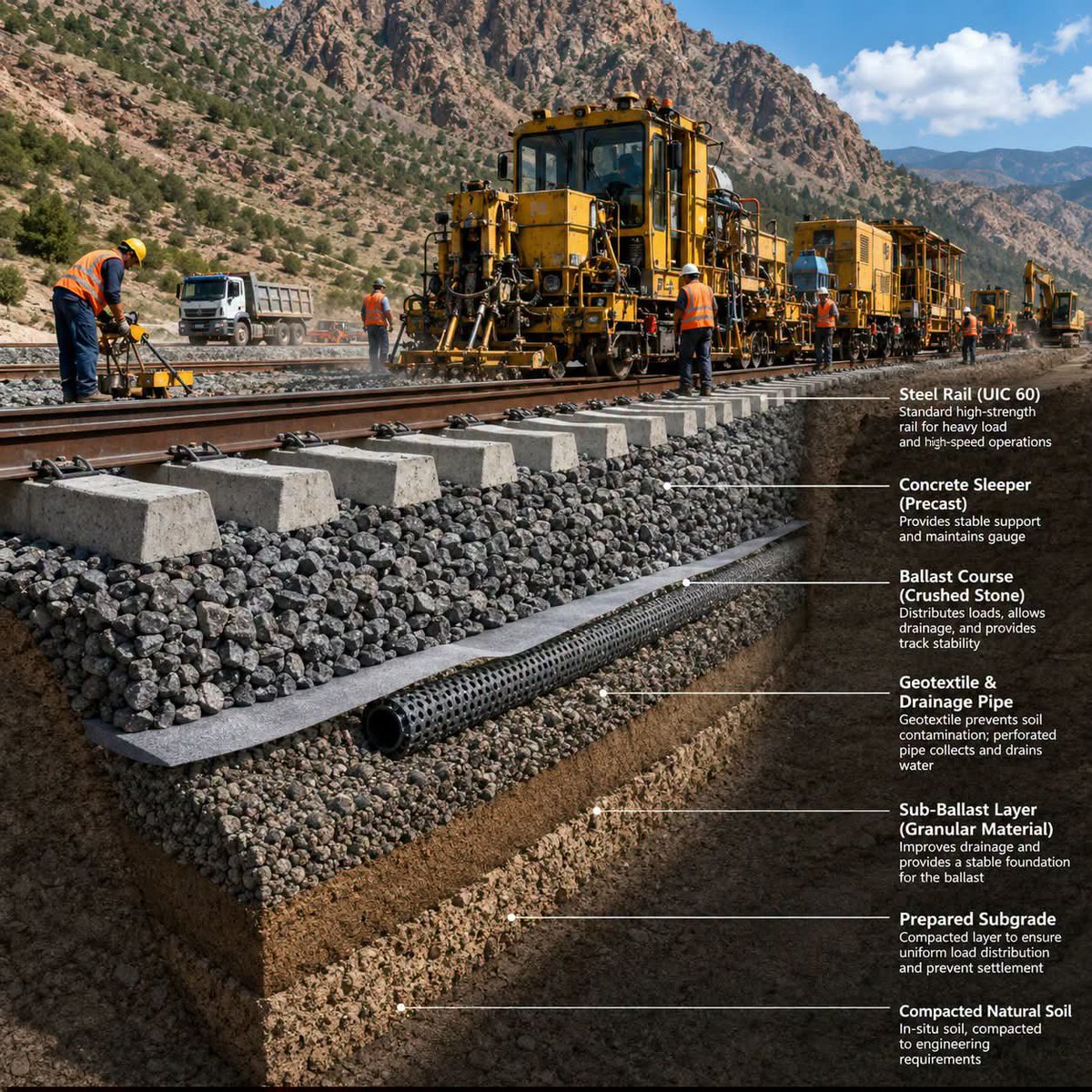 CivilEngDis's tweet photo. Anatomy of a Railway: Cross-Section of Modern Track Engineering &amp; Foundation https://t.co/cHNpibMdiB