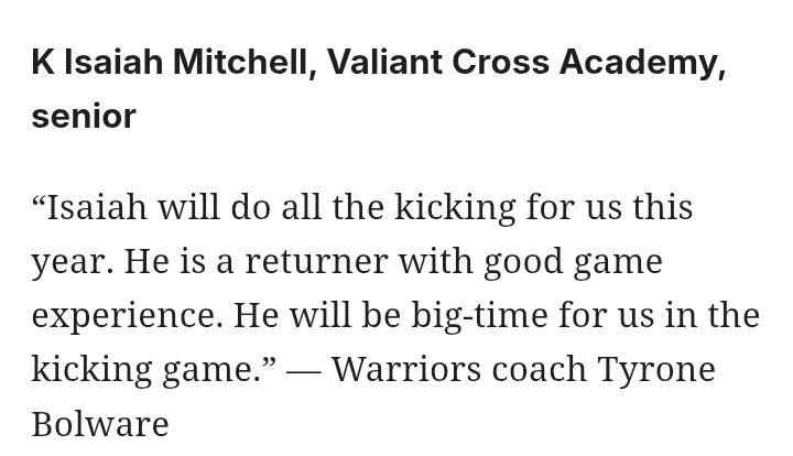 IsaiahMM6's tweet photo. Honored to be recognized among Alabama's top specialists by @aldotcom heading into the season! Grateful for Coach Bolware and the @ValiantFTBL team. Ready to work. 📈🏈 Also thankful for @StClark30 for teaching me over the years. https://t.co/KrucarTHFt