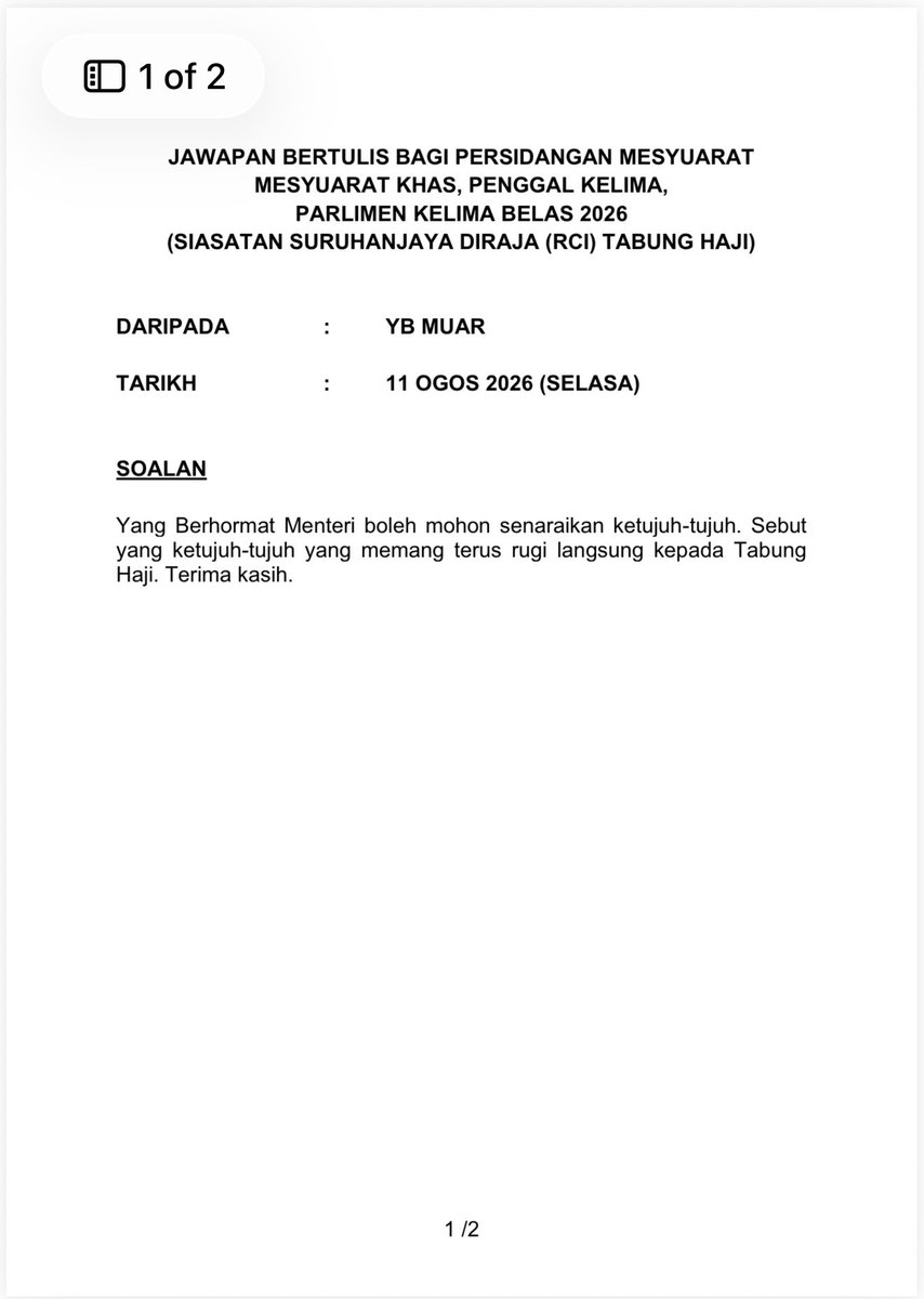 SyedSaddiq's tweet photo. Baru dapat jawapan bertulis dari Menteri berkenaan 7 Pelaburan Tabung Haji yang rugi 100%.

Paling teruk pelaburan Al Rawda.

Kalau baca, memang naik darah.

Lebih RM1.5 bilion dibayar secara upfront kepada Al-Rawda sebagai orang tengah.

Tiada jaminan bank. Due diligence hancur. 

Perlindungan TH cuma nota janji yang dijamin secara peribadi.

Manfaat penginapan untuk jemaah pula tidak diterima seperti dirancang. Kutipan sewa terhenti bertahun tahun. 

Billions paid yet nothing to show for it