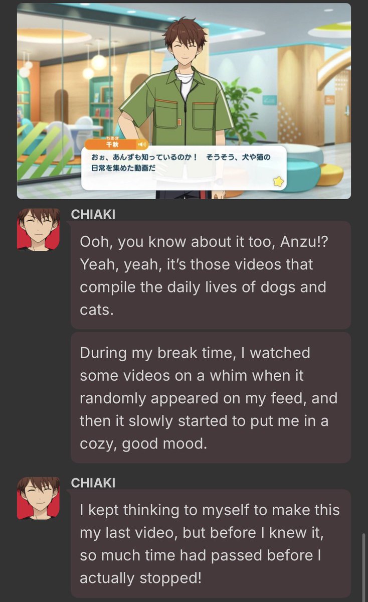 0918justice's tweet photo. NOT CHIAKI BEING BRAINROTTED BY CUTE ANIMAL VIDEOS AGAIN LSKWNWJSKKS I LOVE HOW THIS IS GENUINELY A NEW CHARACTER POINT FOR HIM . “found out the joy of animal videos and is now brainrotted by them if he isn’t careful with his internet use” https://t.co/VXewL7rEIR