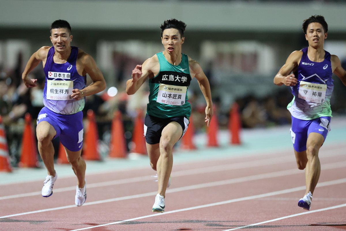 Getsuriku's tweet photo. #ANG福井
男子100m決勝

🥇山本匠真（広島大）10.05
🥈林哉太（ノジマT&amp;FC）10.10 PB
🥉鈴木涼太（スズキ）10.11

9日に行われた富士北麓ワールドトライアルを制した山本が2週連続V✨
自己ベストに0.01秒と迫るセカンドベスト！✨ https://t.co/3rAtwnMFlf