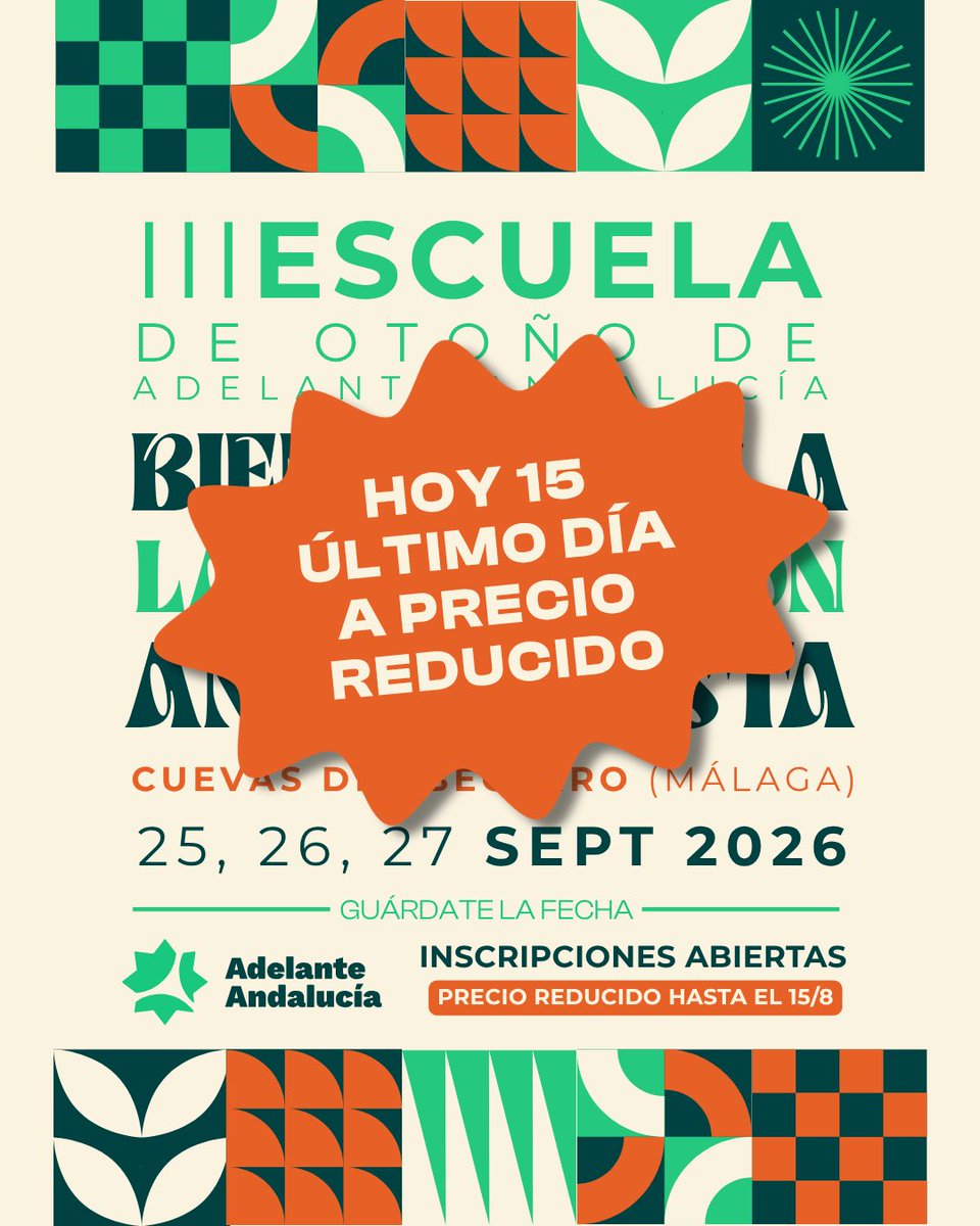 AdelanteAND's tweet photo. 🔶¡ÚLTIMO DÍA A PRECIO REDUCIDO!🔶

📗 Ya puedes consultar la pedazo de programación que tendremos, adelantamos ya que habrá más sorpresas y muy pronto conoceremos a los y las pedazos de ponentes que nos van a acompañar.

🏷️ De momento: ¡OFERTA! si te inscribes antes del 15 de agosto.

🗓️ Recordamos: 25, 26 y 27 de septiembre en Cuevas del Becerro, Málaga.

No te pierdas uno de los eventos más enriquecedores y transformadores de la izquierda en Andalucía

Si tienes dudas consúltanos sin problema

🔗 https://t.co/72Zow7xu0G