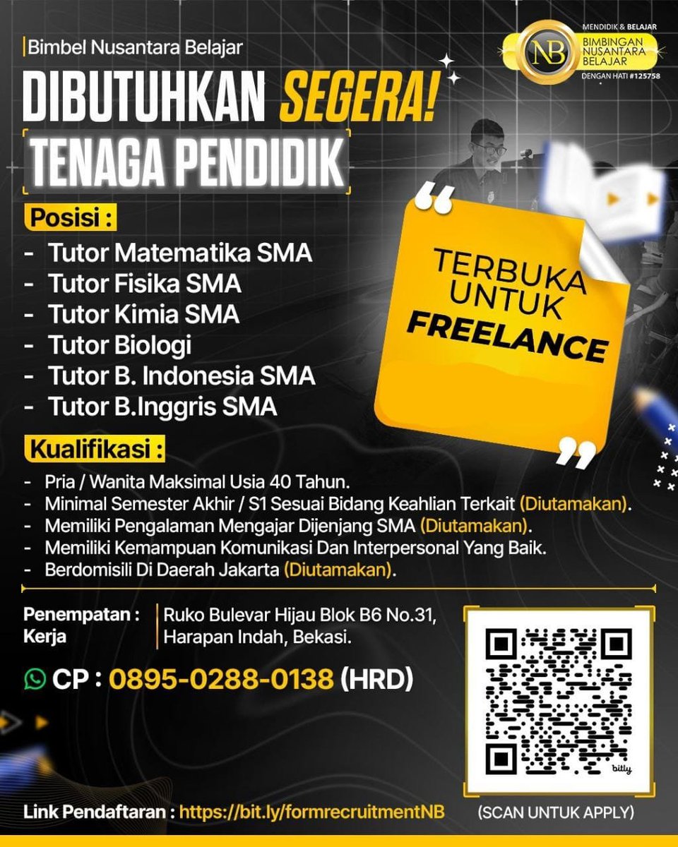 vexia_ve's tweet photo. @Piggyland1 1. Harapan Indah Bekasi
2. Pondok Pinang Jakarta Selatan

 * 📐 Matematika
 * 🌌 Fisika
 * 🧪 Kimia
 * 🇬🇧 Bahasa Inggris

🕒 JADWAL KERJA:
 *Weekdays*: 17.00 - 18.30 WIB
 *Weekend*: 09.00 - 19.30 WIB (Sesuai jadwal kelas yang tersedia)

🔗 https://t.co/GoWiiIT3NH https://t.co/ig96oAH78C